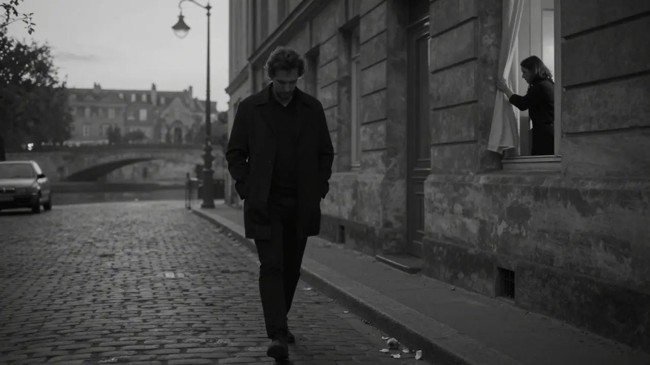 A man walking alone at dusk near the Seine, a woman closing her curtain in the background, a rose petal on the ground.