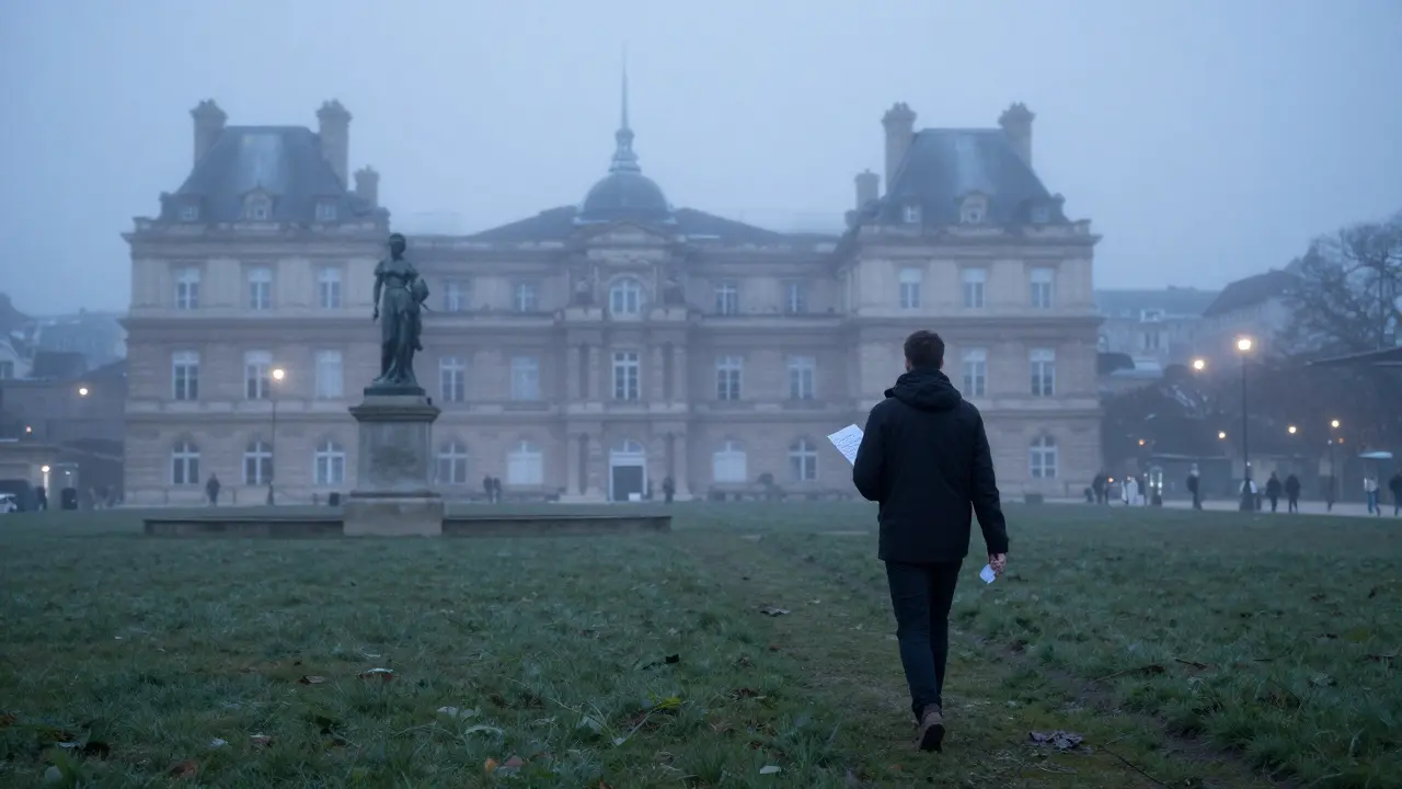 A man walking alone through a misty Luxembourg Garden at dawn, holding a letter under soft streetlight.
