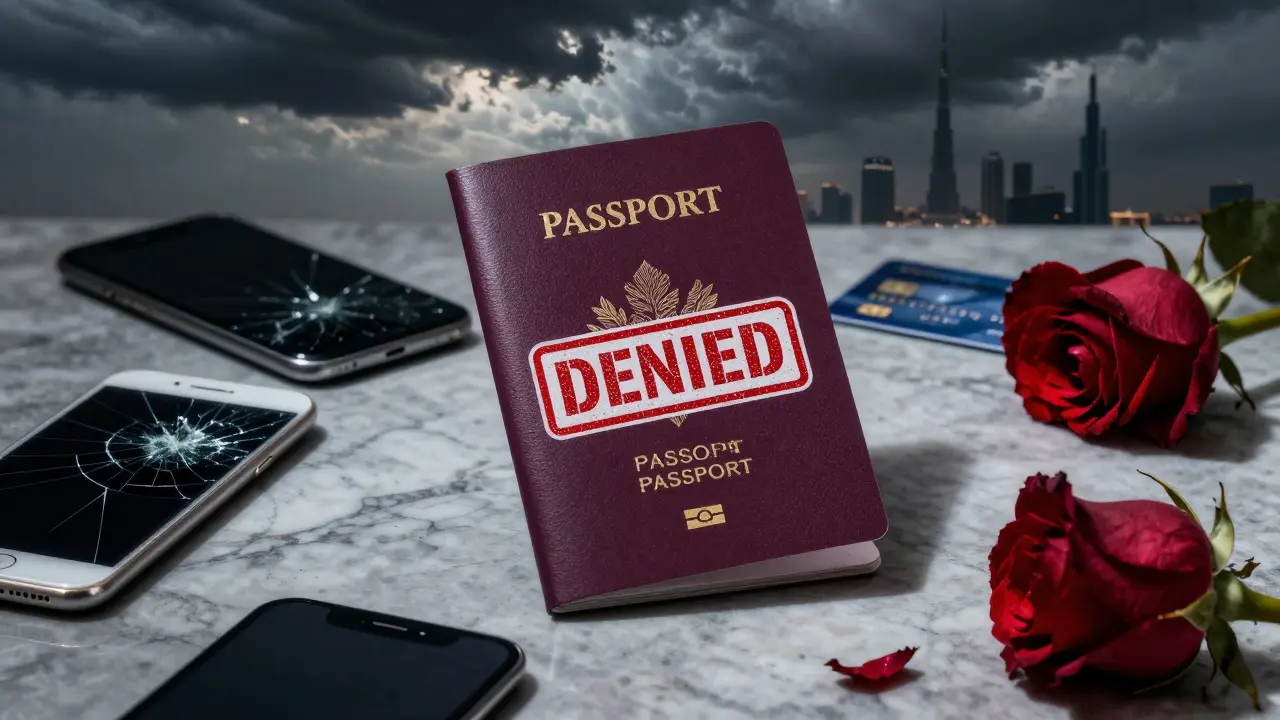 A passport stamped 'DENIED' lies among broken electronics and a wilting rose, symbolizing legal consequences.
