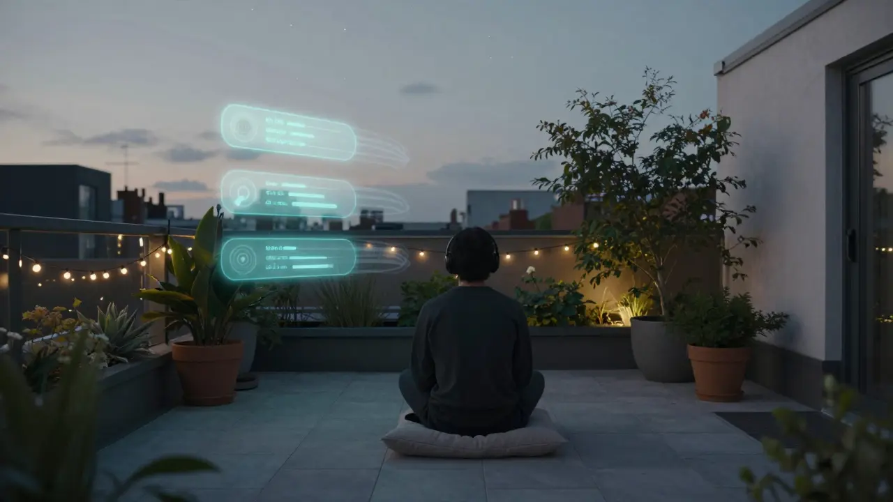 A person relaxing on a rooftop garden with wireless headphones under a starry sky.