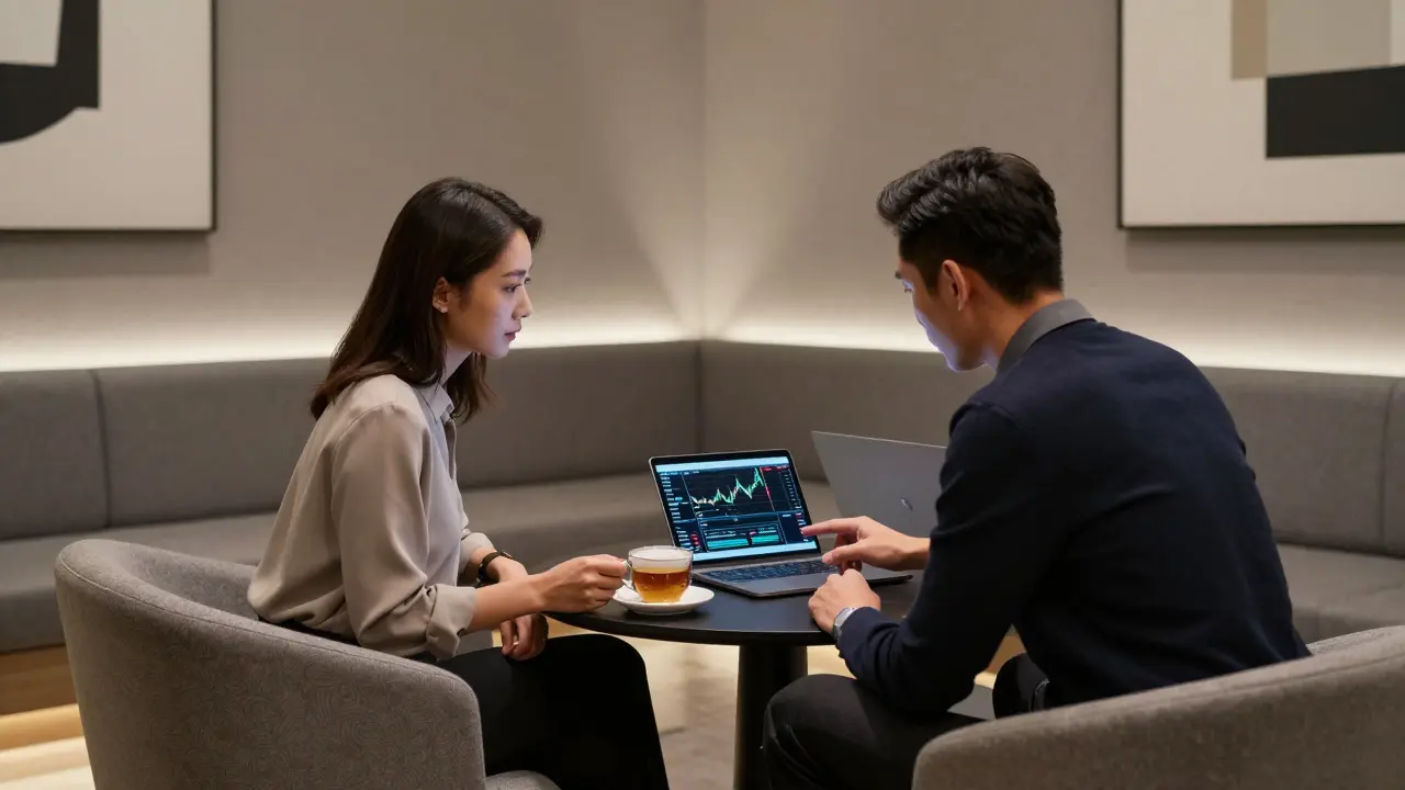 A professional woman and tech client discussing financial data in a quiet, elegant hotel lounge.