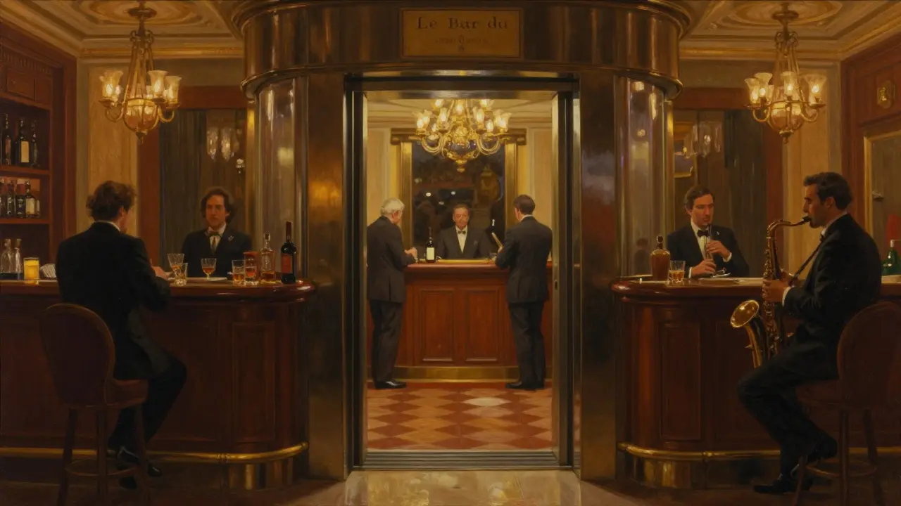 A quiet bar inside Monte Carlo Casino where patrons sip scotch as a jazz musician plays softly.