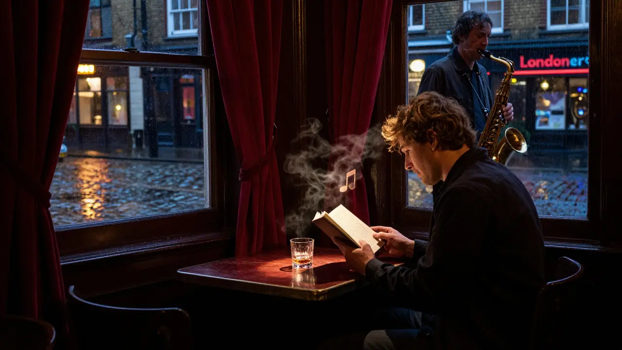 A quiet jazz bar in Spitalfields at midnight, with a solo reader enjoying a whiskey under soft lighting and ambient music.
