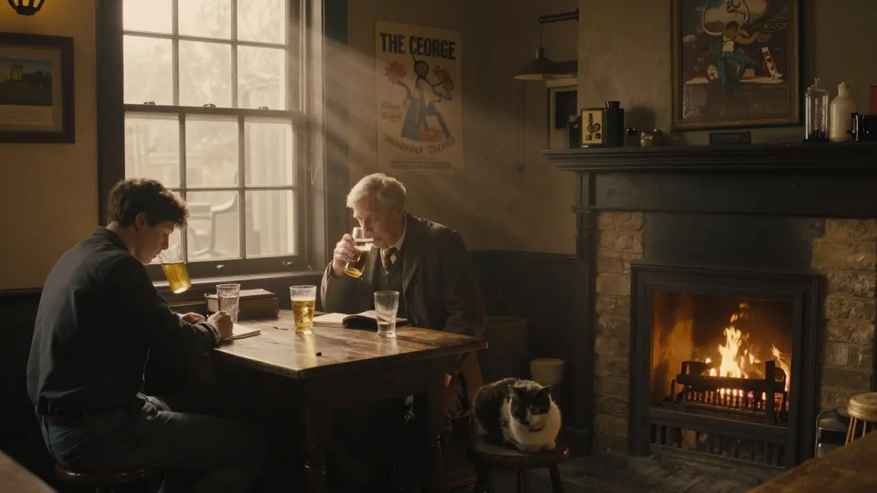 A quiet pub at dawn with a fireplace, patrons sharing silent moments over pints.