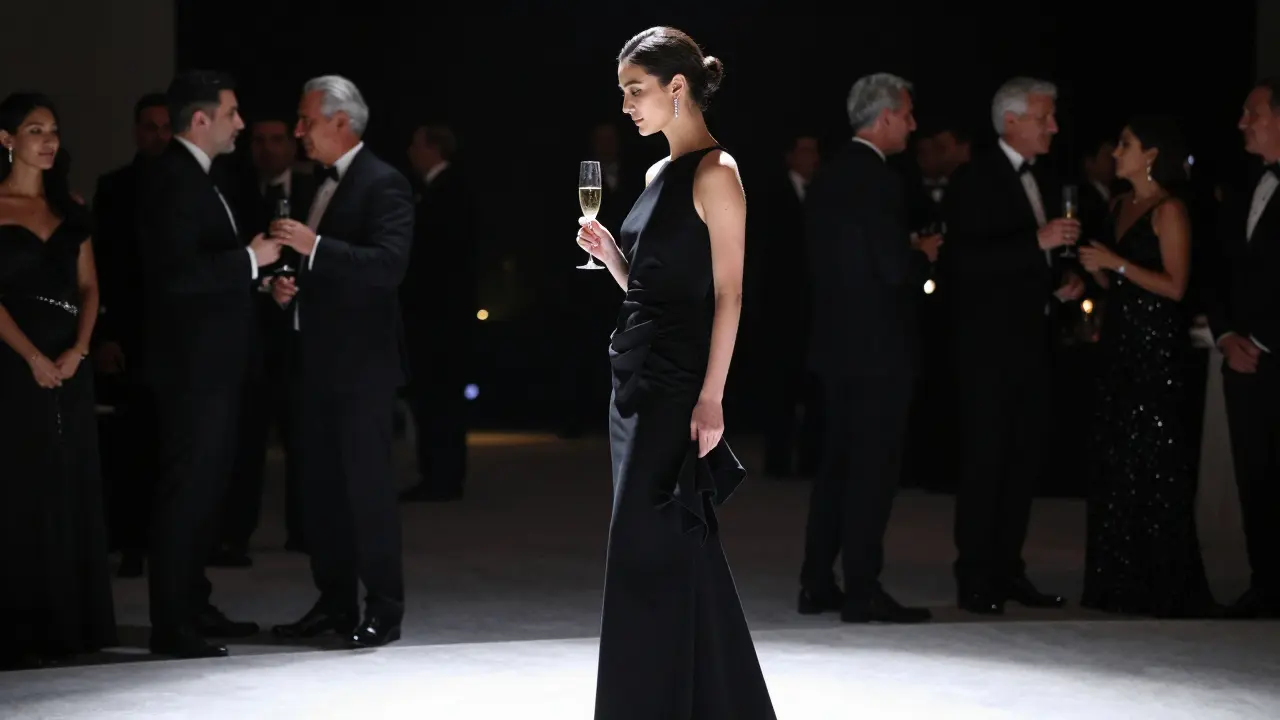 A refined figure at a charity ball exudes quiet influence, surrounded by blurred guests in a moment of subtle social mastery.