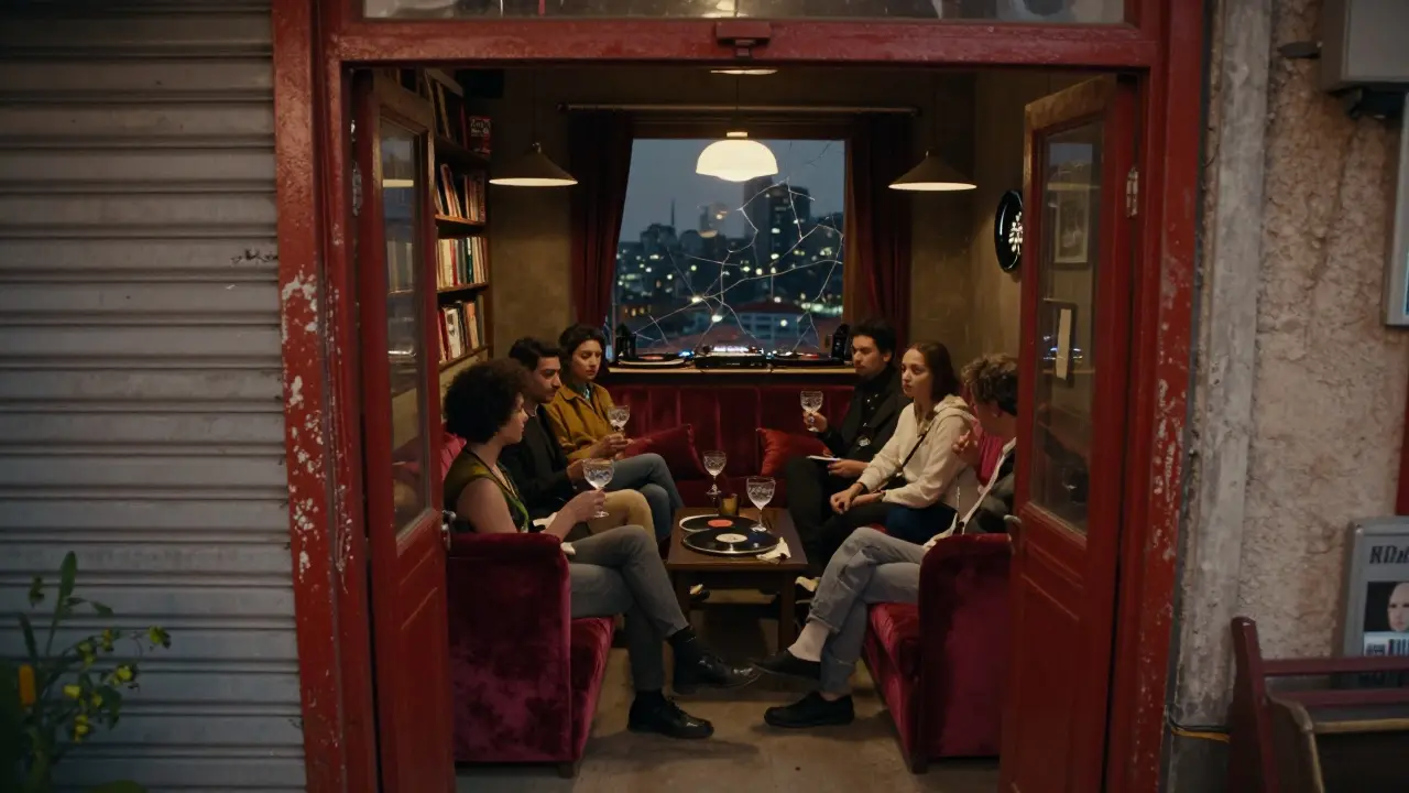 A secret rooftop lounge with red door, velvet couches, and vinyl DJ spinning Turkish disco in dim, moody light.