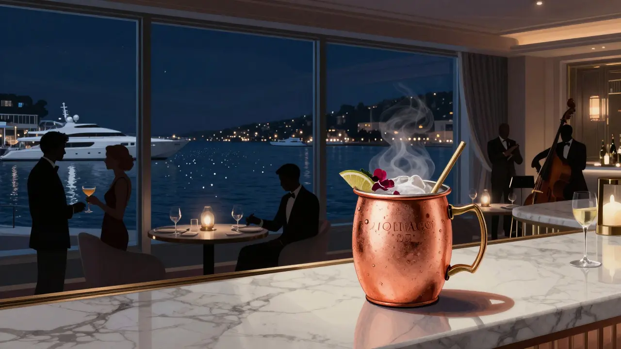 A signature Monaco Mule cocktail on a marble bar with harbor lights reflecting in floor-to-ceiling windows.