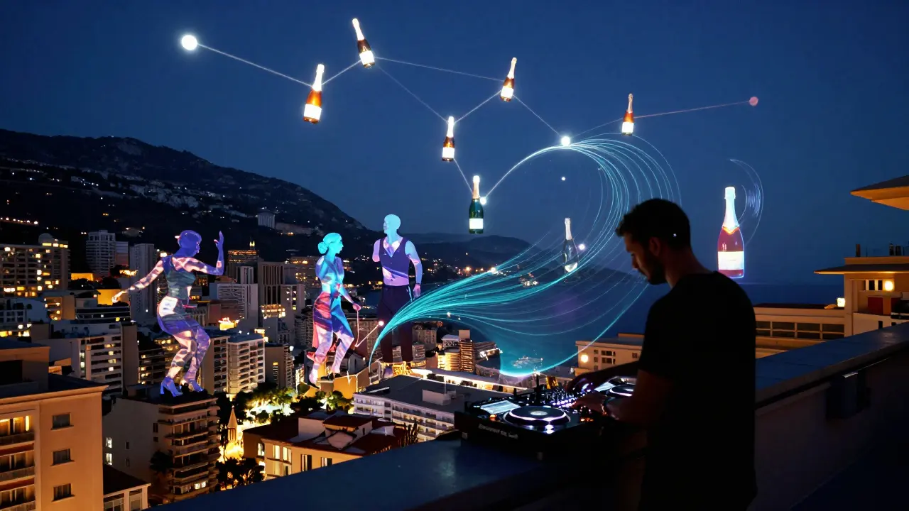 A surreal rooftop party at 3 a.m. with holographic light trails and silhouetted dancers above the sleeping city.