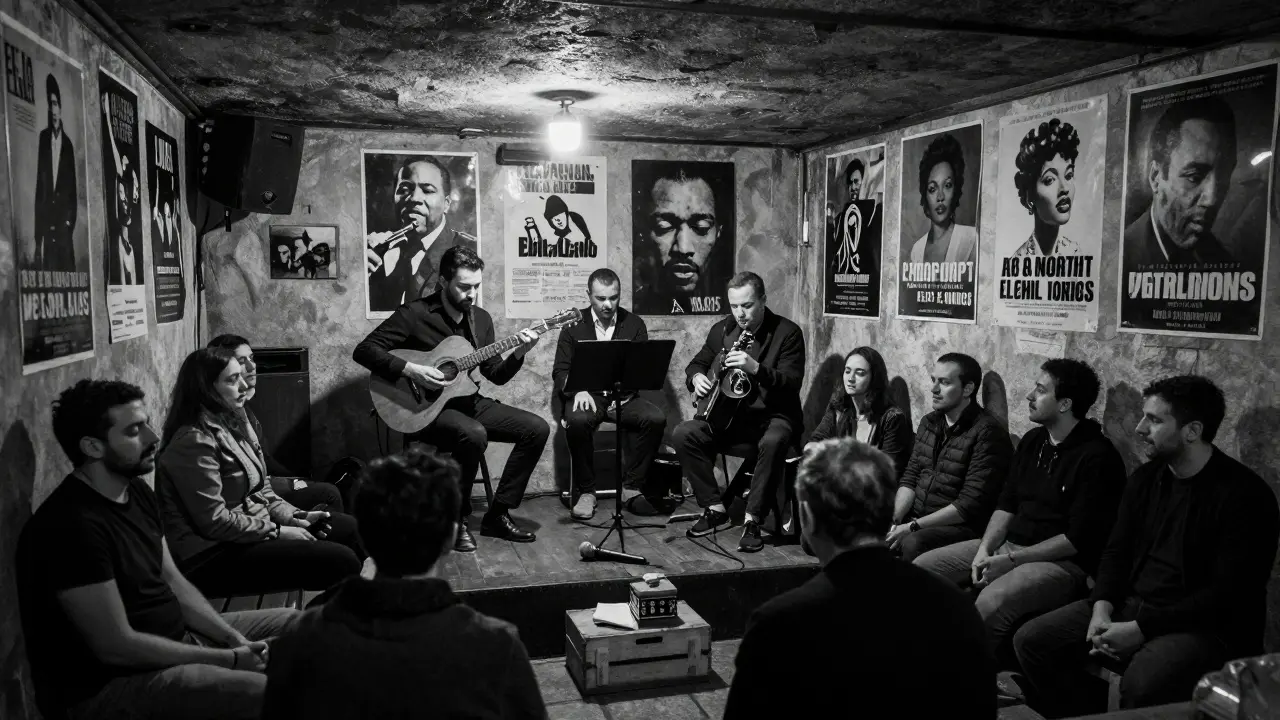 A tiny jazz cellar with musicians playing under a spotlight, listeners in quiet awe among vintage posters.