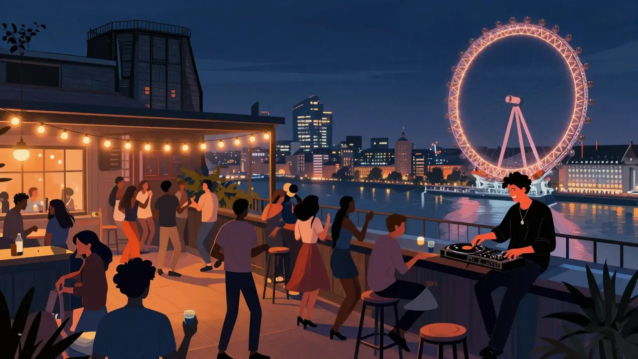 A vibrant rooftop bar in Peckham at night with people dancing under string lights and London’s skyline glowing in the background.