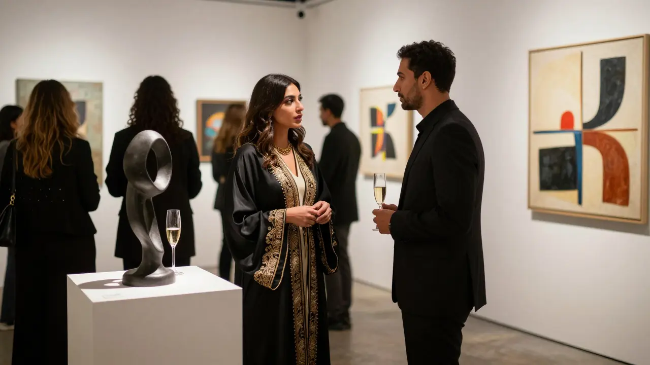 A woman in an elegant dress conversing quietly at an art gallery opening.