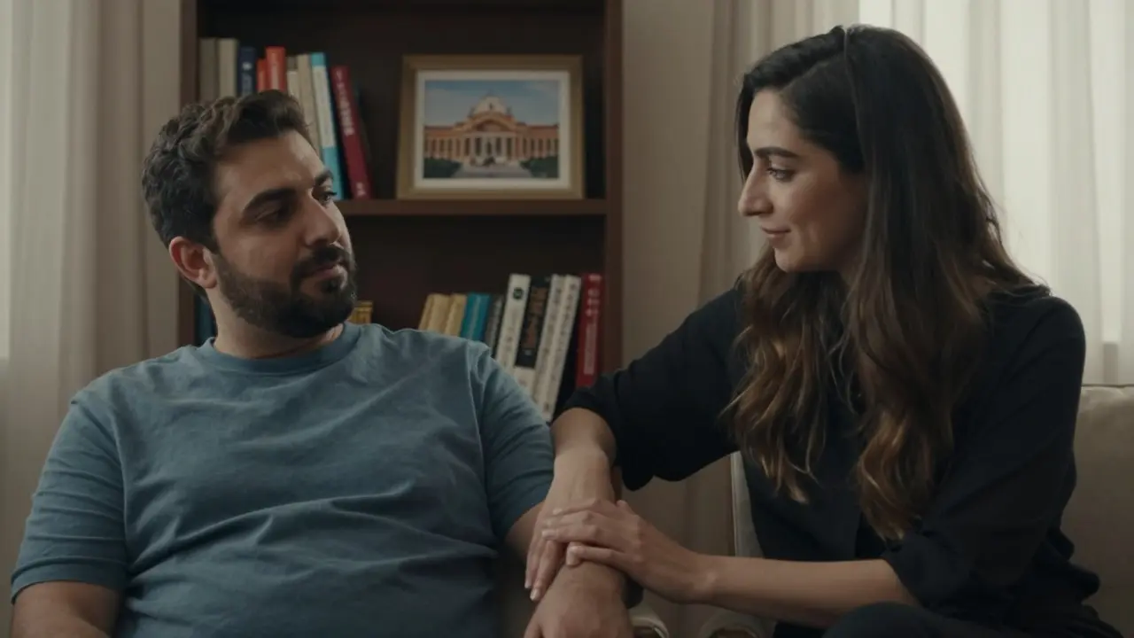 A woman offering gentle comfort to a client in a serene apartment, surrounded by cultural touches and natural light.