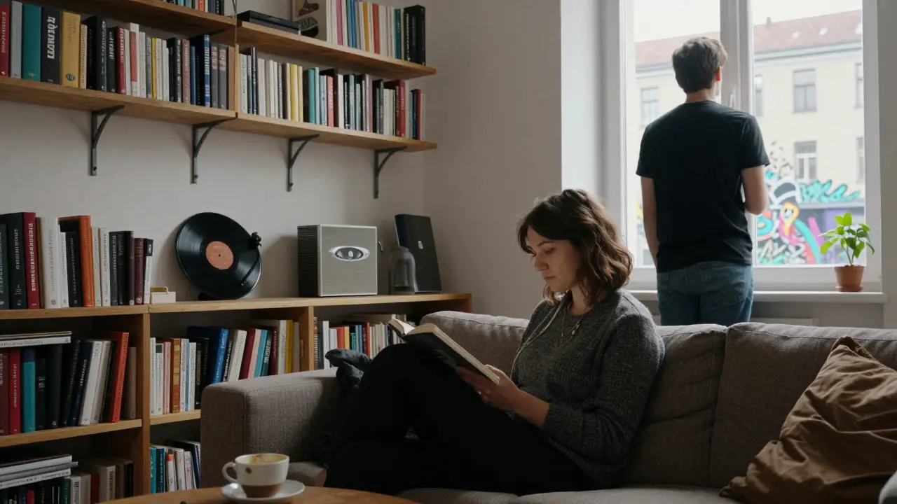 A woman reading in a cozy Kreuzberg apartment with books and vinyl records nearby.