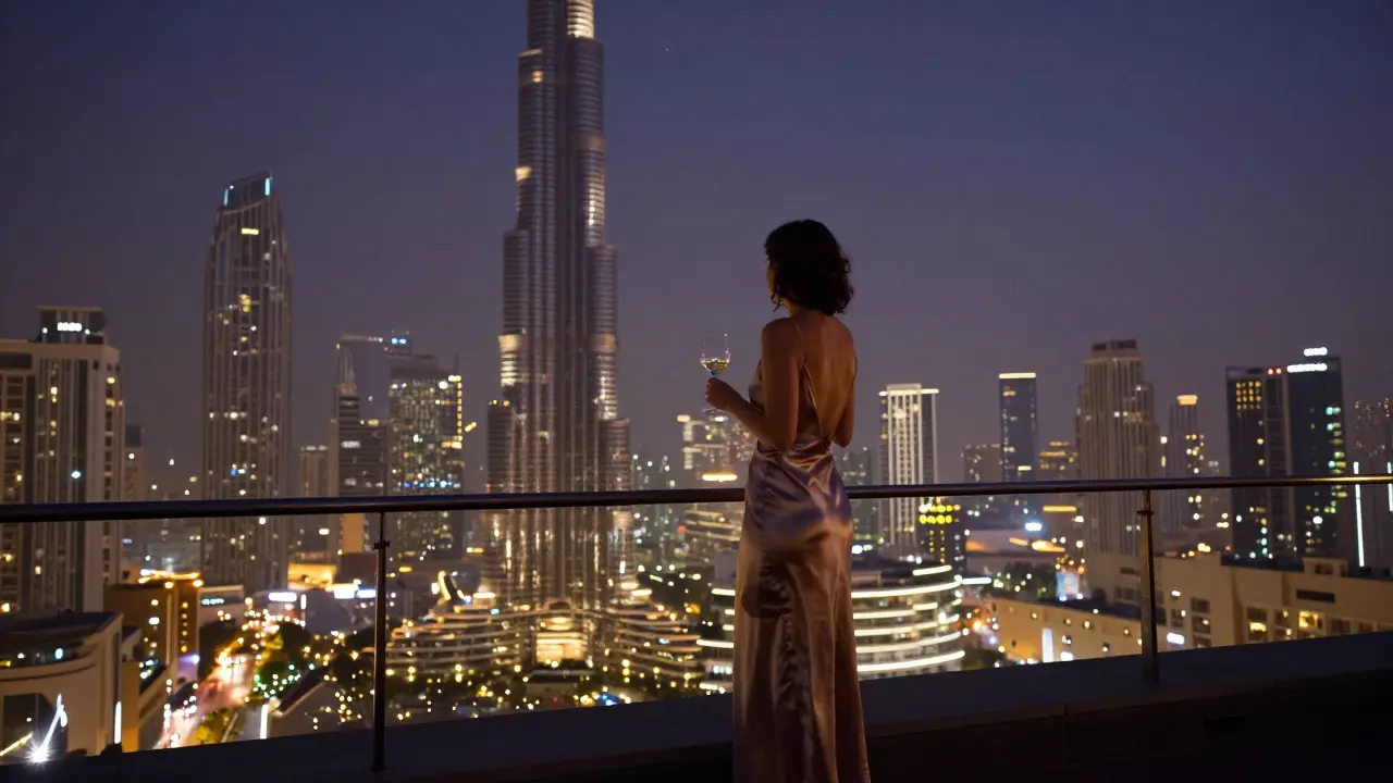 A woman standing alone on a rooftop terrace at midnight, gazing at Dubai&#039;s skyline under a starry desert sky.