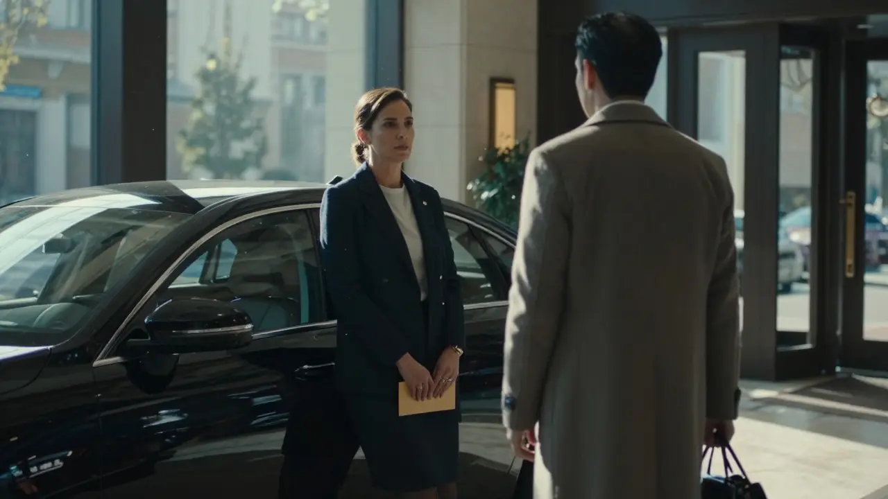 A woman waits discreetly beside a luxury car at a hotel entrance, holding an envelope as a client approaches.