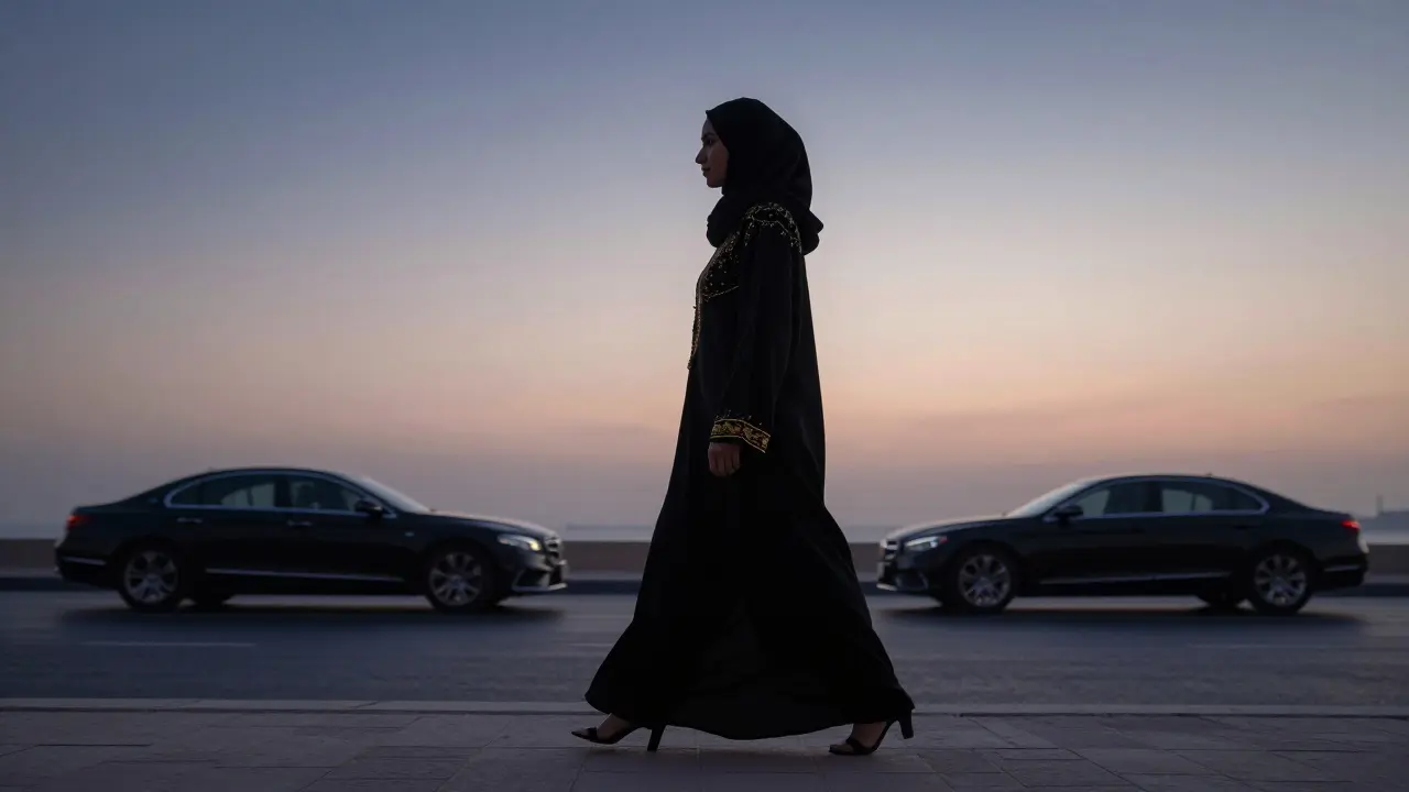 A woman walking alone at dawn along Abu Dhabi's Corniche, embodying quiet confidence amidst the waking city.