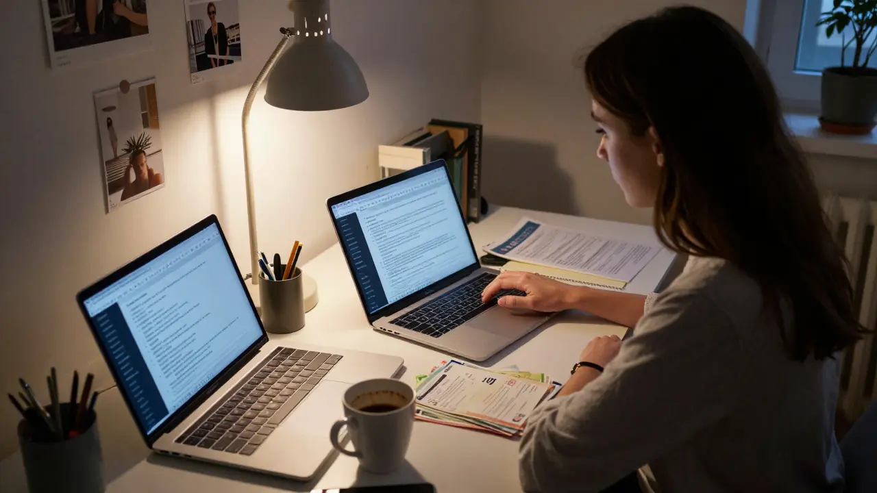 A woman works at her desk in Berlin, surrounded by tax documents, encrypted messages, and lifestyle social media posts.