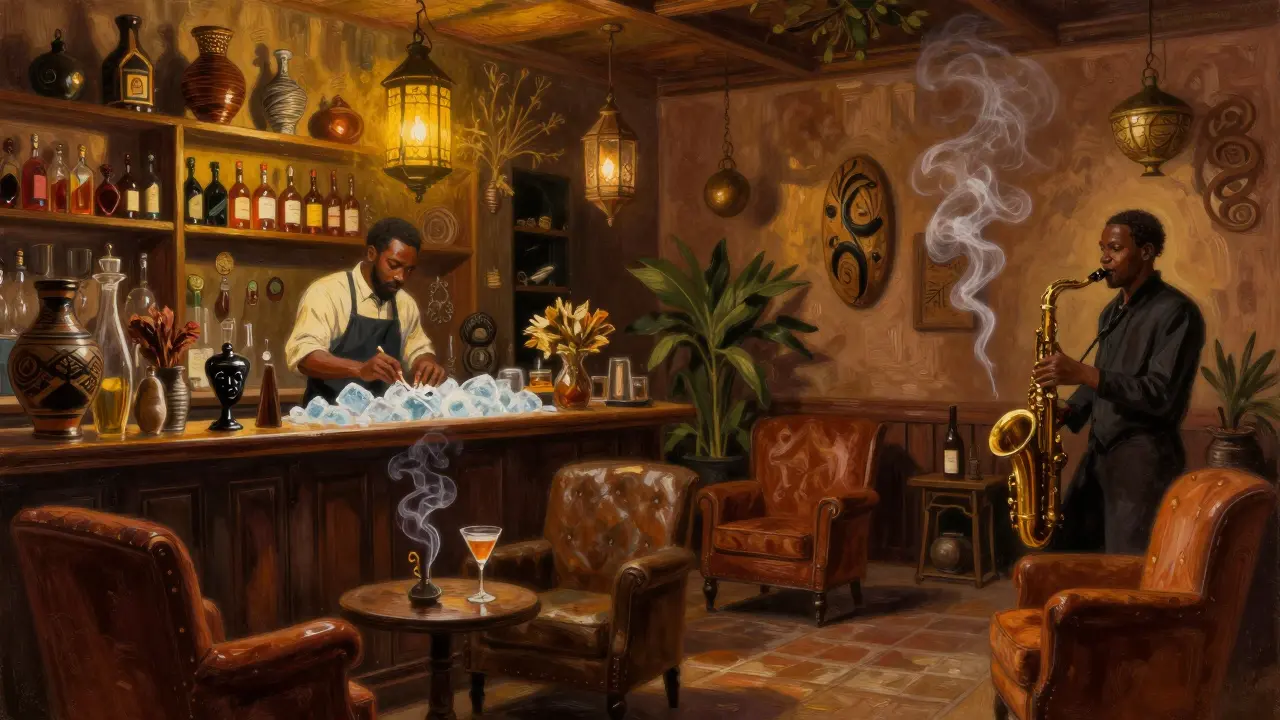 An eclectic interior with vintage furniture, rare spirits, and live jazz in a secret Paris bar.