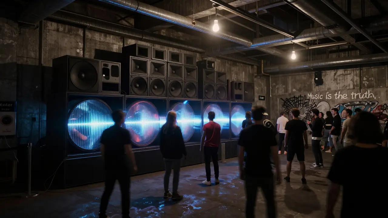 An underground warehouse party with industrial vibes, people lost in music under dim hanging lights.