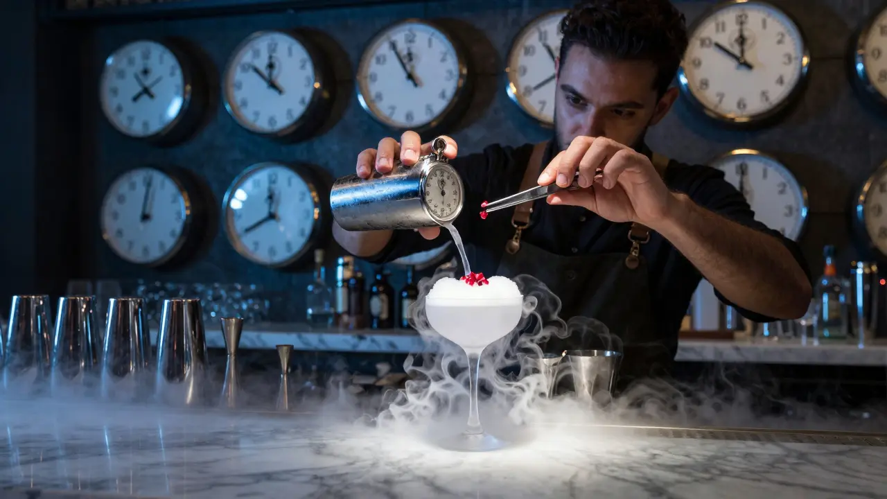 Bartender timing a cocktail with a stopwatch under a spotlight, fog rising from the bar.