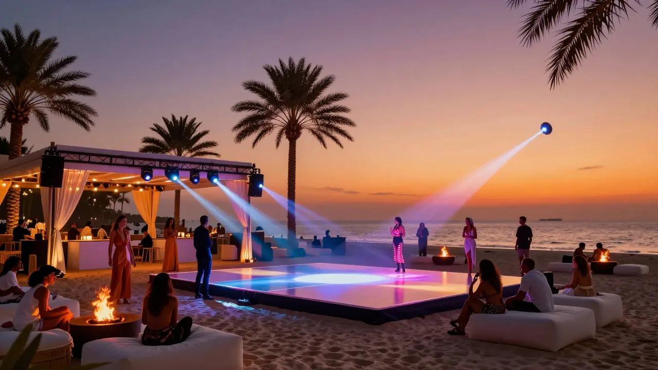 Beach club at sunset with floating dance floor, fire pits, and palm trees under a colorful sky.