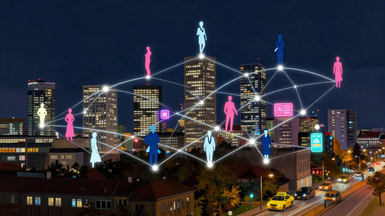 Berlin's skyline at night connected by glowing lines representing the escort industry's role in tourism.