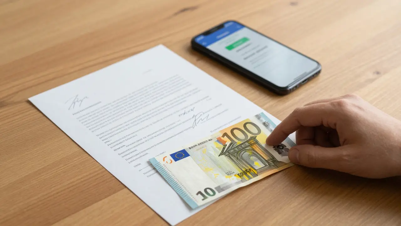 Cash and signed agreement on table, showing clear transaction terms.