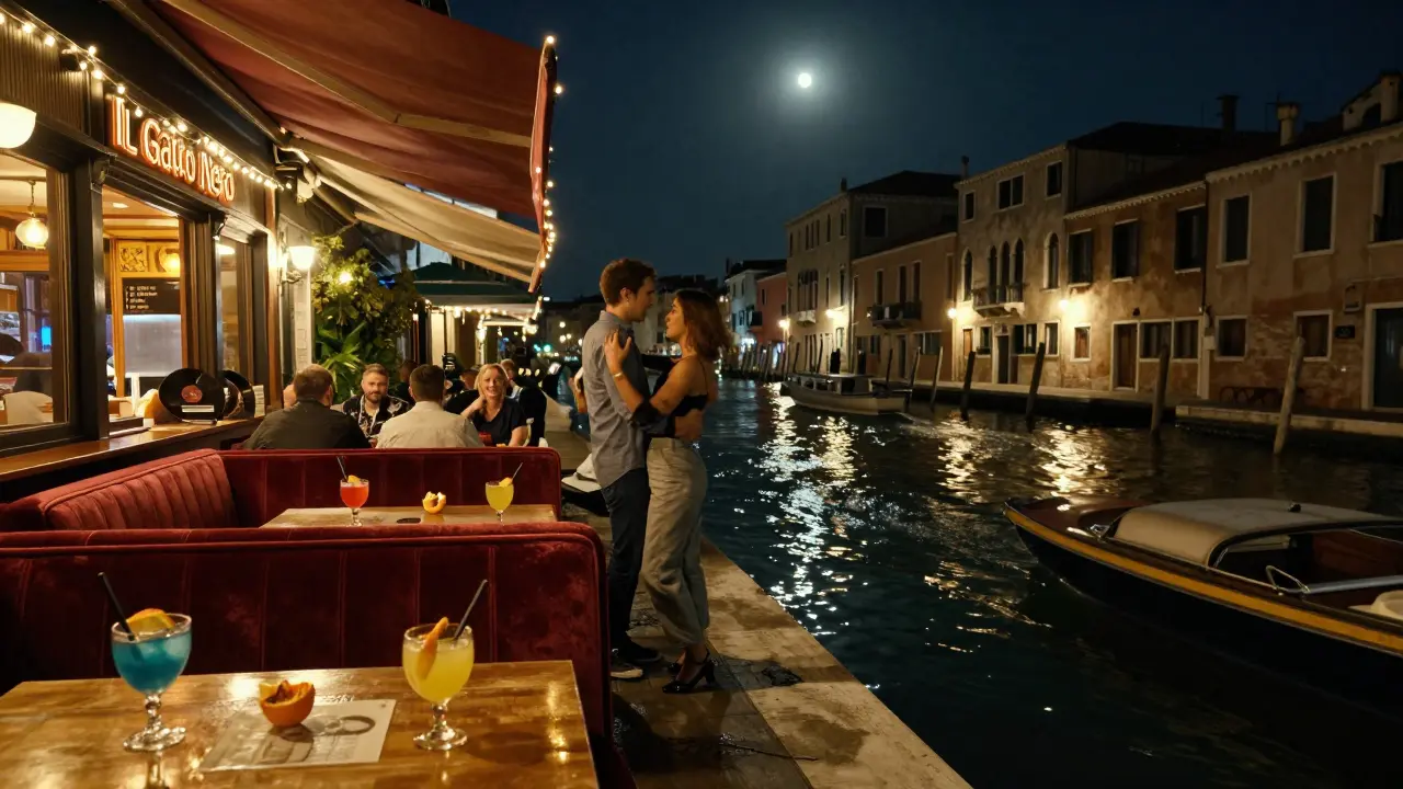 Couples dancing under string lights beside Milan's Navigli canals with retro bar ambiance.