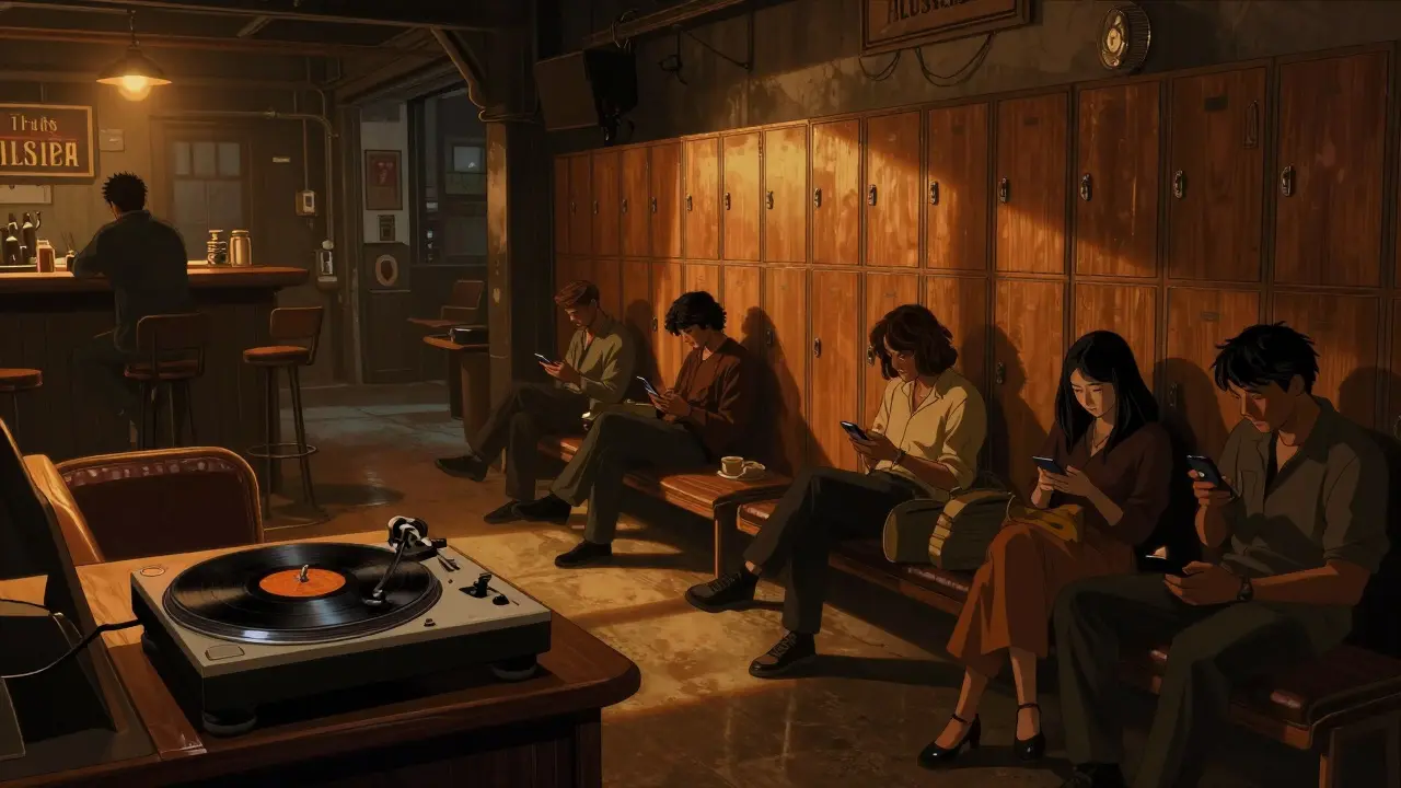 Cozy industrial bar with vinyl record playing, patrons with phones locked away, warm ambient lighting.