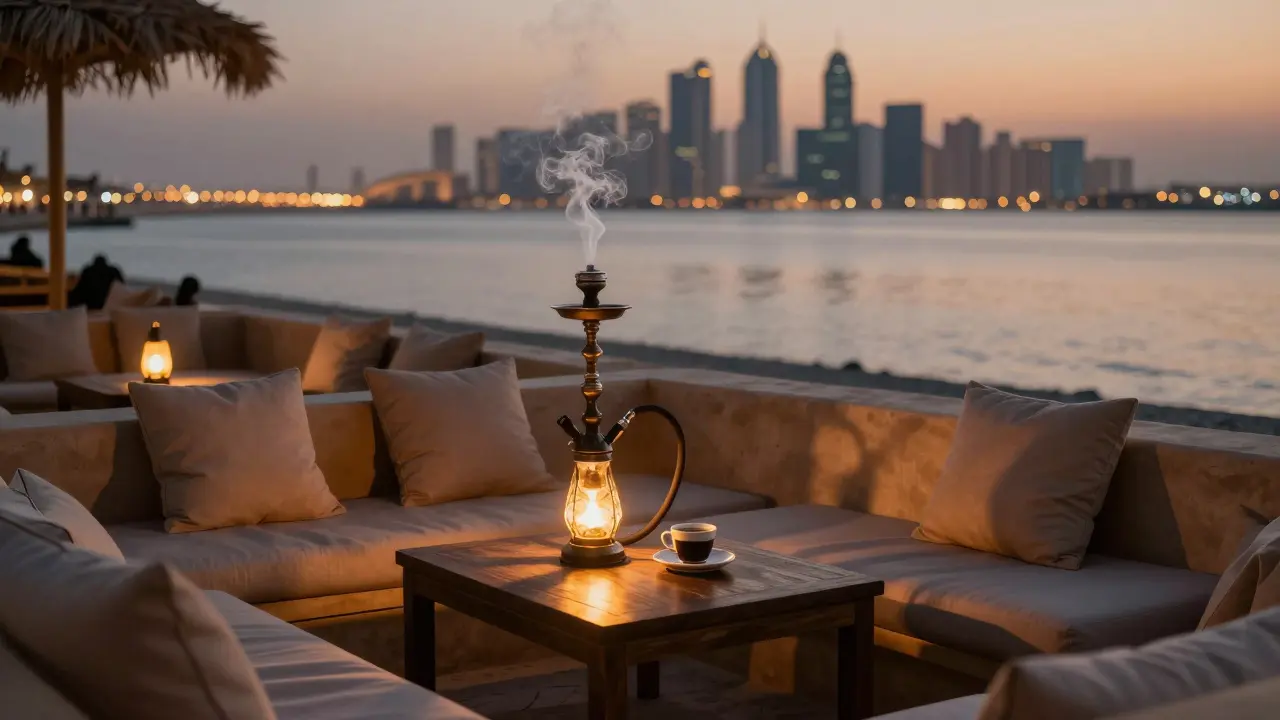 Cozy lounge on the waterfront with hookah, lanterns, and calm sea reflections.