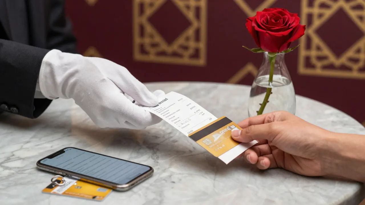 Credit card receipt and blurred messages on marble table with rose and keycard, symbolizing legal risk.
