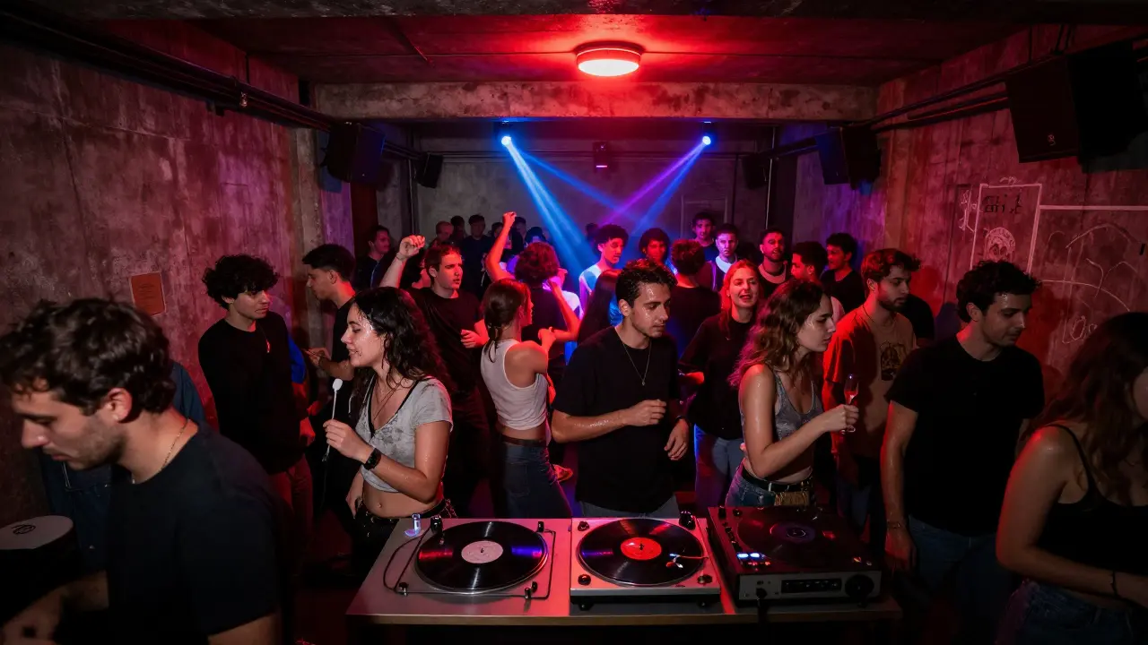 Crowd dancing in a raw concrete underground club with flickering red lights and neon beams.
