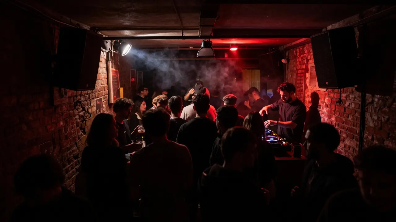 Crowd dancing in the dim, underground Karga club with exposed brick walls and low red lighting.