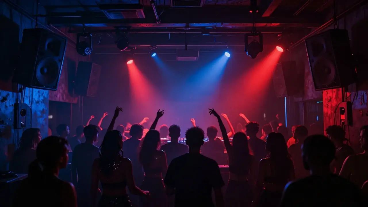Dancers move as one in the dark, bass-heavy atmosphere of Fabric nightclub.