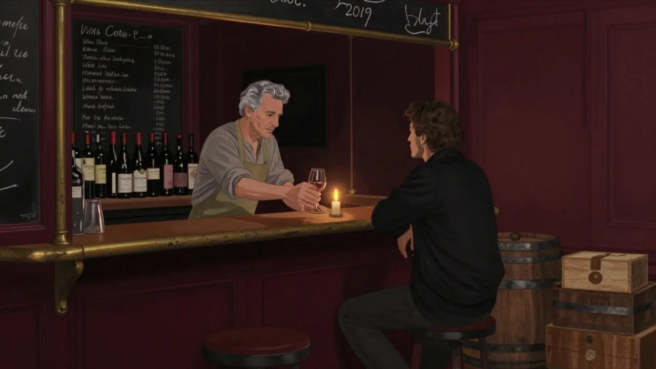 Dimly lit bar with handwritten wine list, a sommelier serving a glass of red wine to a lone customer in a cozy, vintage setting.