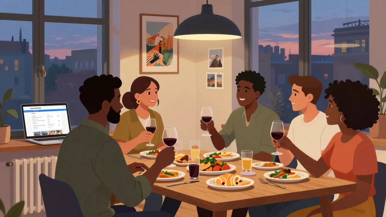 Diverse people share a meal in a Berlin apartment, with an agency website visible on a laptop screen.