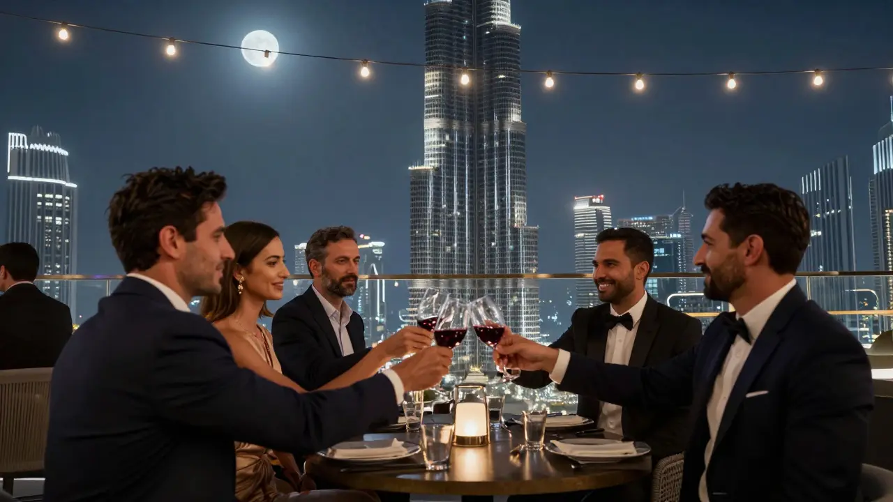 Elegant crowd on Sky Lounge rooftop with Burj Khalifa illuminated in the distance.