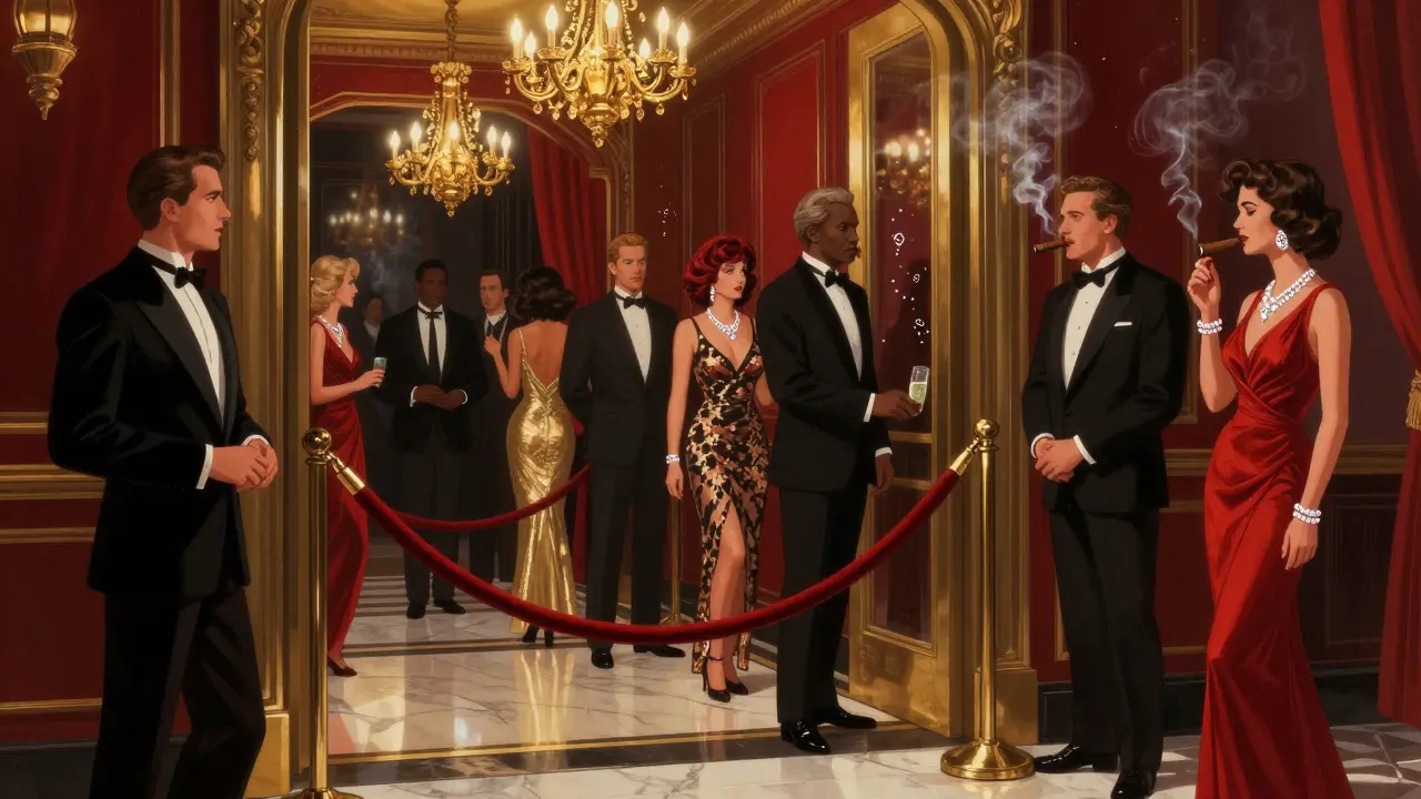 Elegant guests at Le Palace nightclub entrance, bouncer checking IDs under golden chandeliers.