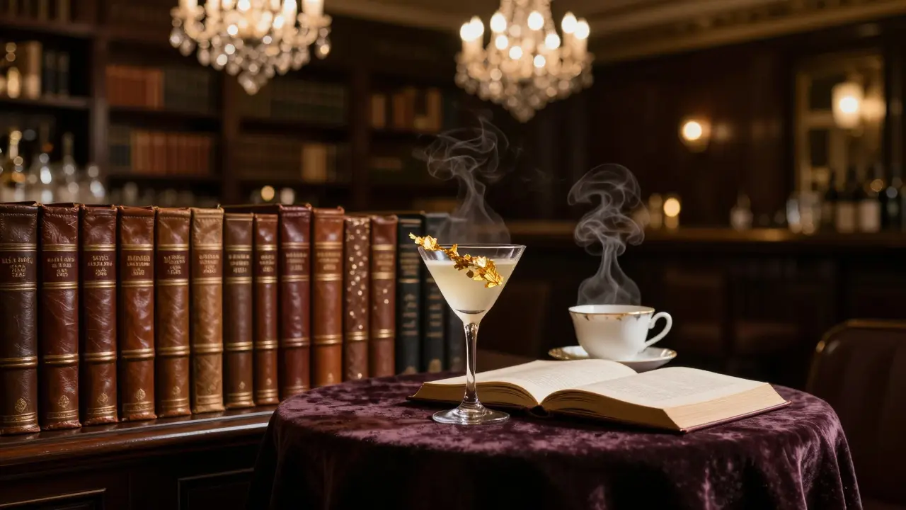 Elegant library bar with chandeliers, leather books, and a golden cocktail in quiet, dim lighting.