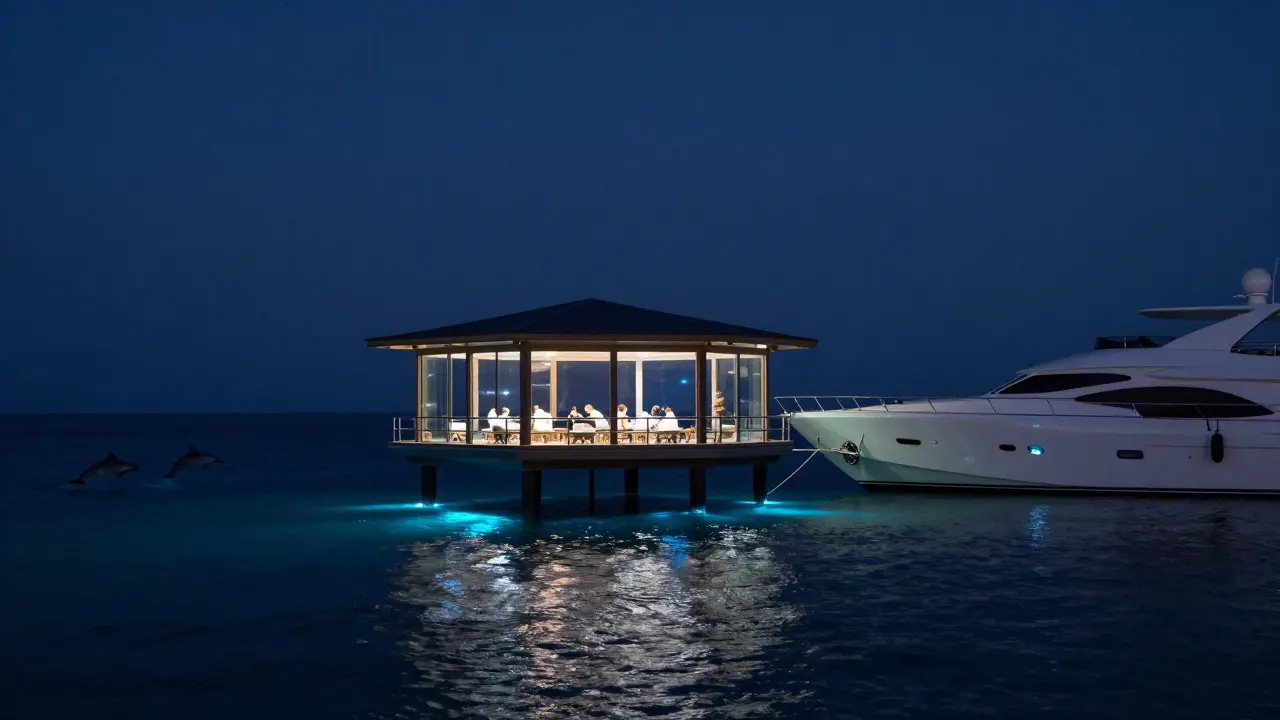 Floating nightclub lit by glowing algae, barefoot guests above bioluminescent water.