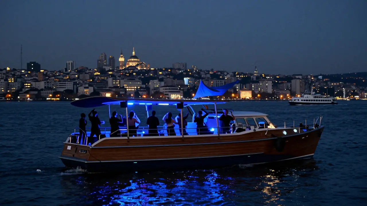 Floating nightclub on the Bosphorus at midnight with blue lights, dancers silhouetted against the city skyline.