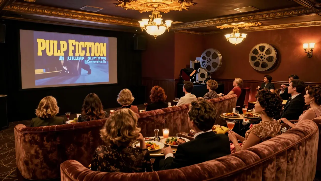 Guests in velvet booths at The Electric Cinema enjoying meals while watching a classic film on a vintage projector.