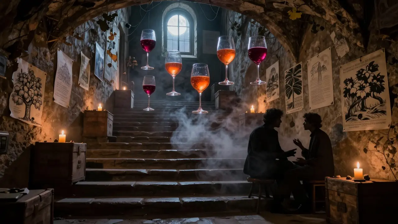 Hidden cellar beneath Montmartre stairs with floating wine glasses and shadowy figures, candlelit and dreamlike, surrounded by vineyard art.