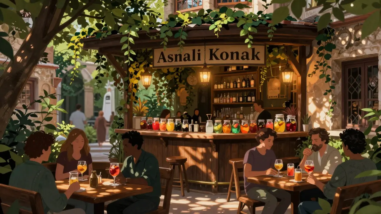 Hidden garden bar in Beyoğlu with lanterns, wooden benches, and patrons drinking fruit syrups under starlight.