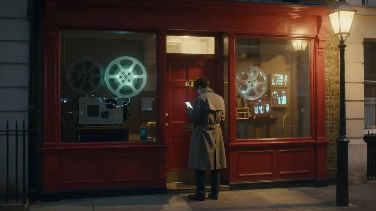 Hidden red door with film reel painting in Bloomsbury, hinting at a secret 16mm screening room behind.
