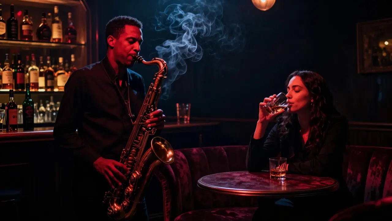 Intimate jazz bar with saxophonist playing under soft red lights, patron sipping whiskey.