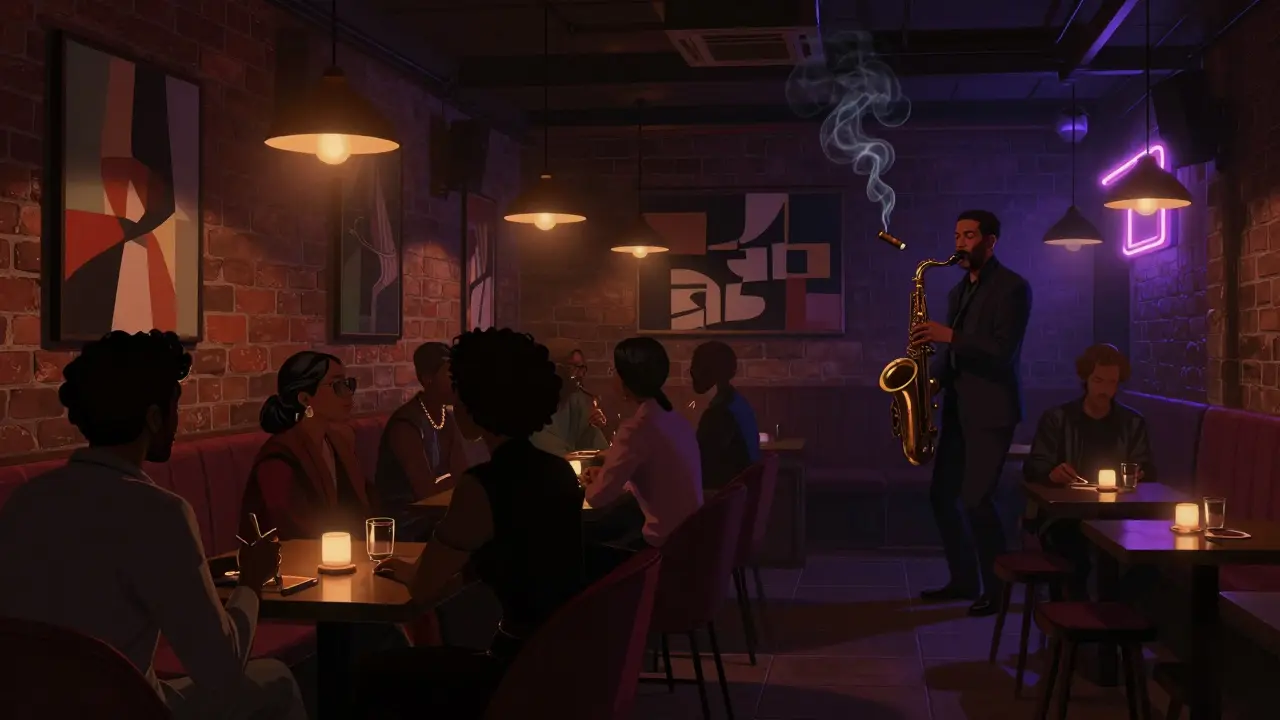 Intimate jazz lounge in Alserkal Avenue with dim lighting, art-covered walls, and a saxophonist performing.
