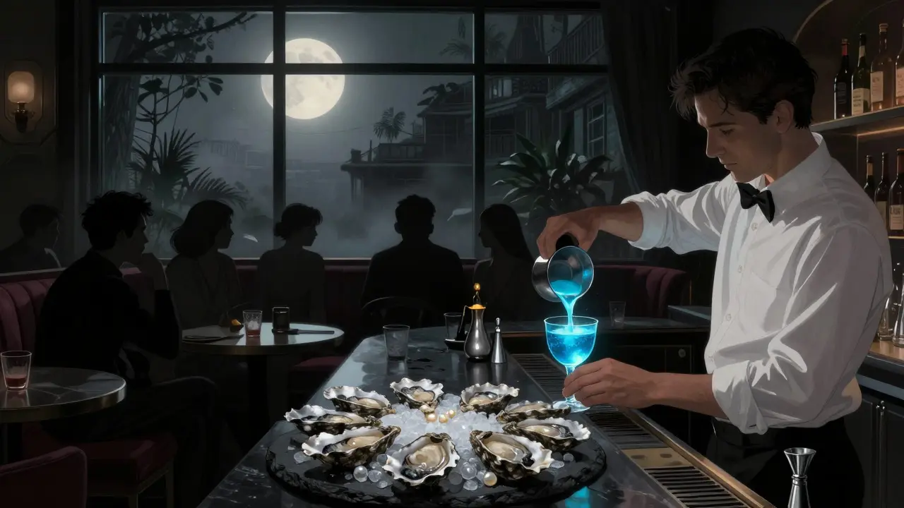 Intimate speakeasy lounge with oysters and glowing cocktails, moonlit courtyard view, hushed patrons in noir style.