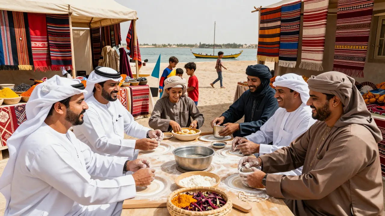 Locals and visitors laugh together in a vibrant Emirati cooking class at a cultural festival, surrounded by spices and traditional decor.