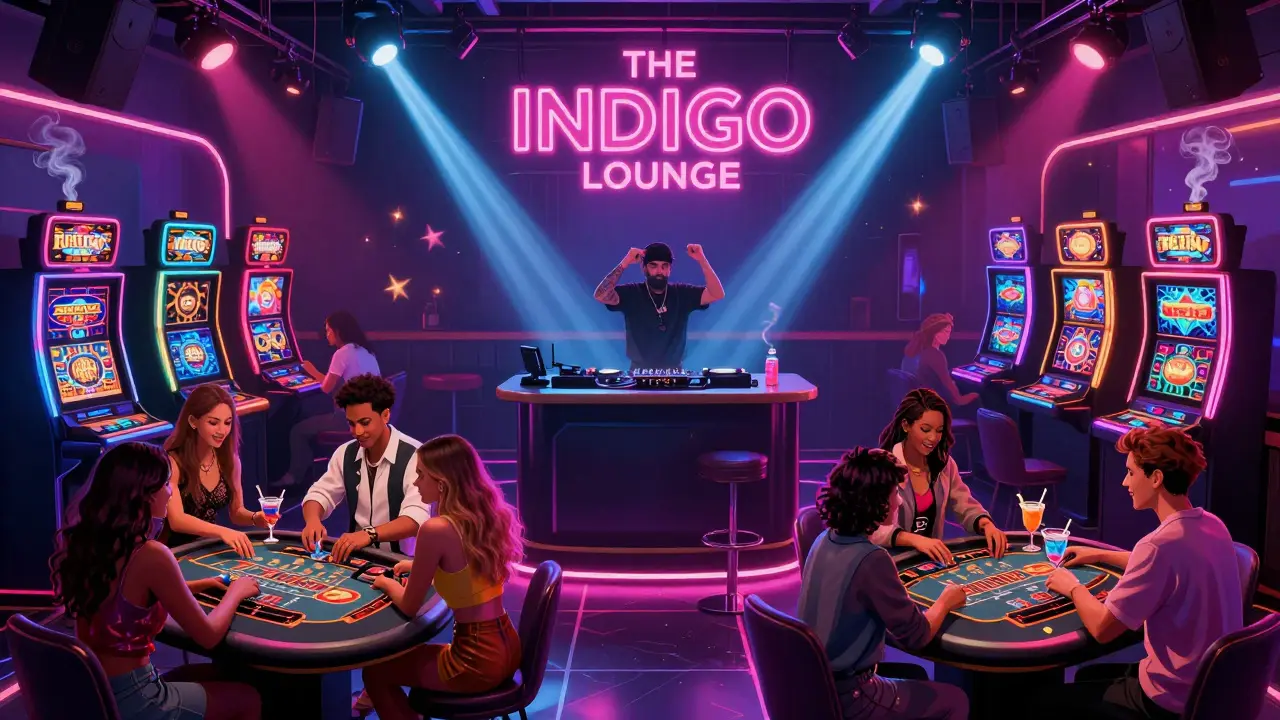 Neon-lit nightclub-casino hybrid with dancers, blackjack tables, and glowing slot machines under strobe lights.